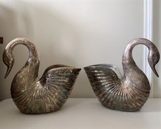 $65 - Pair of Silver Plate Swan Planters - Each is 11" L x 4.25" W x 10.5" Tall