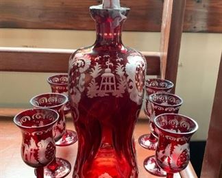 $65 for Set - Etched Ruby Glass Decanter & Stemware Set 