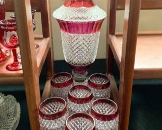 $50 for Set - Ruby Glass /Cut Crystal Covered Pedestal Jar & 6 Tumblers