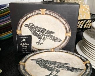 $30 for Set - Halloween Raven Medallion Plates (from Williams-Sonoma) Set of 8, 4 are still in box - 8.5" L x 7" W