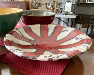 $45 - Large Shallow Glazed Pottery Centerpiece Bowl - 20.5" Dia x 4" h