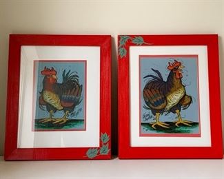 $60 for Pair - Framed Artwork - Roosters - each is 13.5" L x 16.5" H