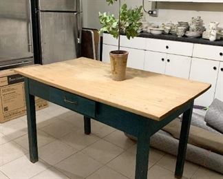 $50 - Primitive Wood Table / Desk (Greenish Blue Base) - 48" L x 27.75" W x 30" h