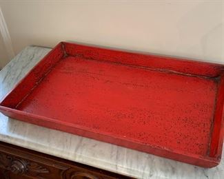 $22 - Rustic Red Painted Wooden Tray - 25.5" L x 15.75" W
