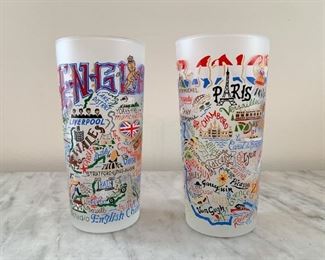 $12 - Set of 2, Souvenir Frosted Glass Set - England and France (by Catstudio)