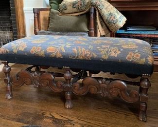 $60 - Vintage Bench, Ornate Wooden Base, Upholstered Top - 40.5" L x 19.5" W x 17.25" H