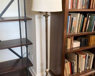 $65 - Brass Floor Lamp with Onyx Details (lampshade is torn), 62.75" H to top of shade