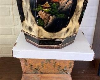 #189		Octagon Oriental Wooden Barrell/Box		11" x 18" - 4 Scenes - Some Chips	                       $75
