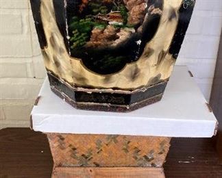 # 189		Octagon Oriental Wooden Barrell/Box		11" x 18" - 4 Scenes - Some Chips	                      $75
