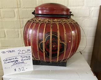 # 208		Oriental Style Covered Round Basket		Base 7" x About 12" W	                                                              $32

