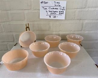 #360		Fire King Peach Luster Custard Cups		     
                              7 Pc. - 6 Scallopped - 1 Plain 4"	            $18
