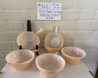 #362		Fire King Peach Luster Handled Bowls		5" - 	                                                   $28
