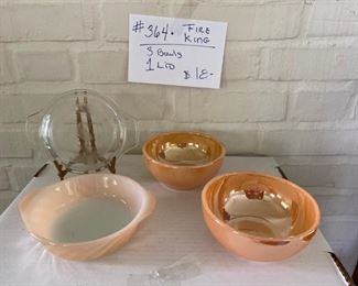 #364	Fire King Peach Luster 3 Bowls 5"		w/1 Lid	$18
