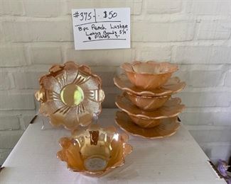 #375		Peach Luster Lotus Bowls & Plates -                                    
                            8 Pc.	Bowls 5 1/4",   Plates 7"	                   $50
