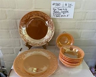 #380		Fire King Peach Luster 9 Pc.		                             
                        2 Plates 9" - 7 Berry Bowls 5"	                  $25
