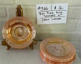 #386		Fire King Peach Luster Saucers		                     
                                                     8 Pc. - 6"	                                      $16
