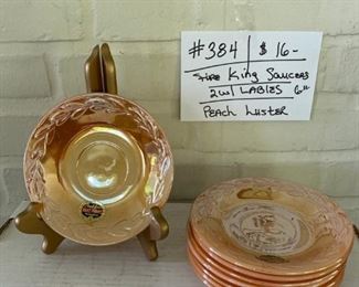 #384		Fire King Peach Luster Saucers		                     
                                      8 Pc. - 6" - 2 w/Labels	                         $16
