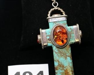 #494 By designer D. Troutman in this fabulous turquoise cross with amber stones. 4" Sold recently on ebay for $600.00 It can be yours for $450.00