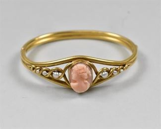 Edwardian 14K Coral Cameo Bracelet Bangle Victorian