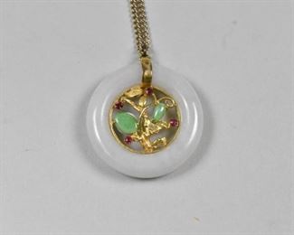 White Jade Circular Pendant with 14K Gold Detailing