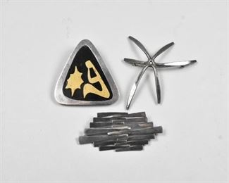 3 Sterling Brutalist Pins Brooches