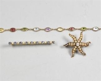 3 10k & 14K Gold & Dia, Pearl, Gem Pins & Bracelet