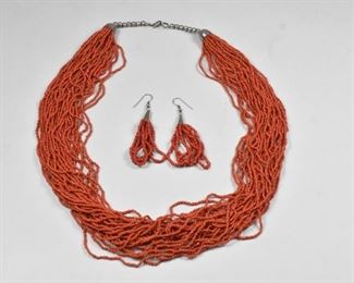 Vintage Red Coral Multi-Strand Necklace and Earrings