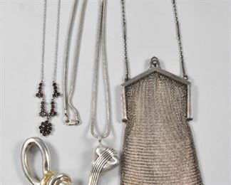 Sterling Whistle Necklace, Mesh Purse, Garnet Necklace