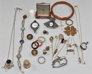 Misc. Lot Hat Pins, Bracelets, Rings, Watch Fob,
