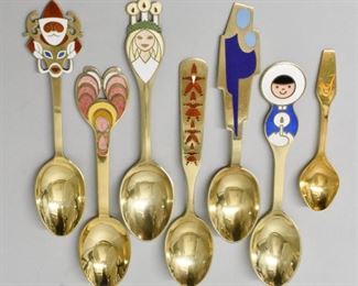7 Gilded Sterling Spoons With Inlaid Enamel A