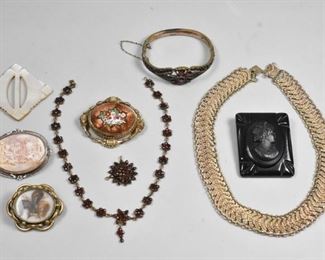 Victorian Morning Jewelry, Garnet, Pearl, Cameo, Silver