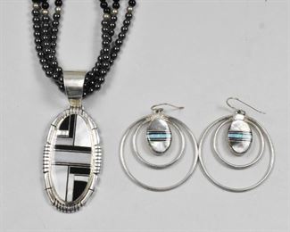 Stg. Mother Of Pearl Pendant Necklace, Earrings