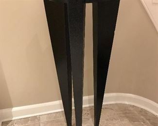 Black Pedestal,  48” Tall, top circle 14” diameter, a few kicks, painted wood - This is a very tall statement piece, perfect base for something fabulous!