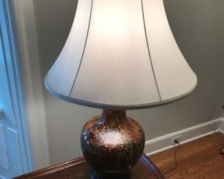 TABLE LAMP, 31” Height, Cloisonné With Asian styled wood base