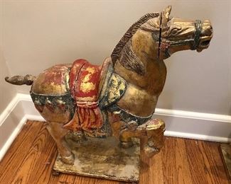 HORSE, 1 of 2, 24” height, 26” length, painted wood, wood split condition issues