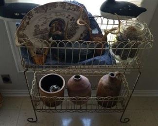 vintage wire planter, duck decors, antlers, stoneware