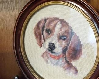 Vintage needlepoint of dog in frame