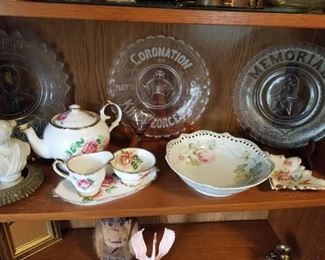 Commemorative bread plates, vintage porcelain teapot, vintage porcelain bowl