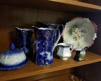 Set of flow blue plates, RS Prussia bowl