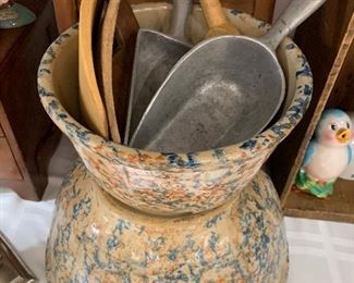 Spongeware bowls and vintage kitchen utensils 