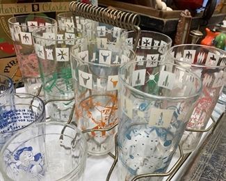 Vintage drinking glasses in a fun caddy 