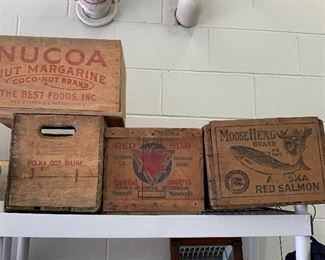 Vintage crates; Nucoa Nut Margarine, Red Star and Moose Head Salmon