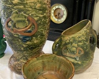 Roseville Imperial 1 (two larger pieces) and Weller Woodcraft Footed Bowl with Squirrel Figurine