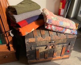 Antique Trunk, quilts and wool blankets