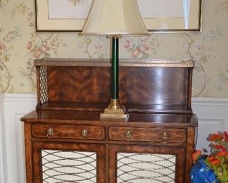 Theodore Alexander Mahogany Rosewood Top Shelve removable. 40"W x 18"D x 3ft H + 1ft H  There are 8 Humming Bird Hand-painted on Silk Signed J.Gould and numbered with Certification.  Hope to soon have more information and pictures. 