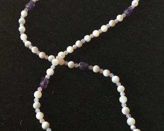 Vintage long glass white beads with purple accent beads $15