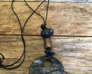 Artist made Jasper pendant with copper bead, wood and leather $15