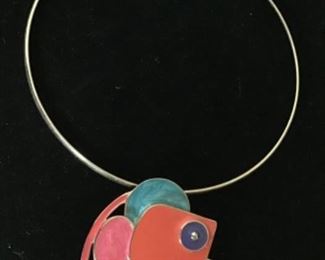 Mid century style painted enamel necklace on brass wire choker                                                                                           $20 shipping based on buyers location 