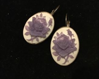 Sterling pierced antique carved lavender stone earrings $20 plus shipping based on buyers location 