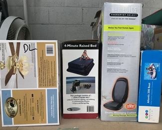 Ceiling Fan, Air inflated bed, Homedics Messaging Chir Cushion and Inflatable Raft.